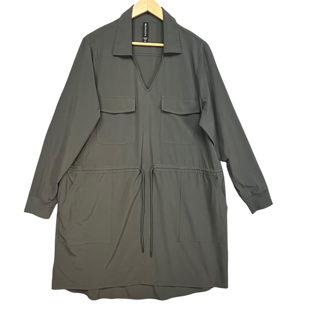 Athleta Presidio Dress Dark Olive Green Long Sleeve Drawstring Waist Utility XL